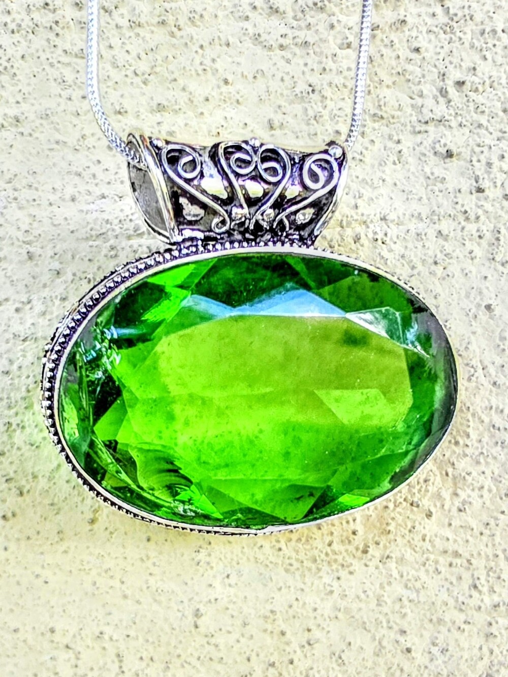 Green Peridot Gemstone Pendant Necklace In 925 Sterling Silver (1.5" X 1.4")